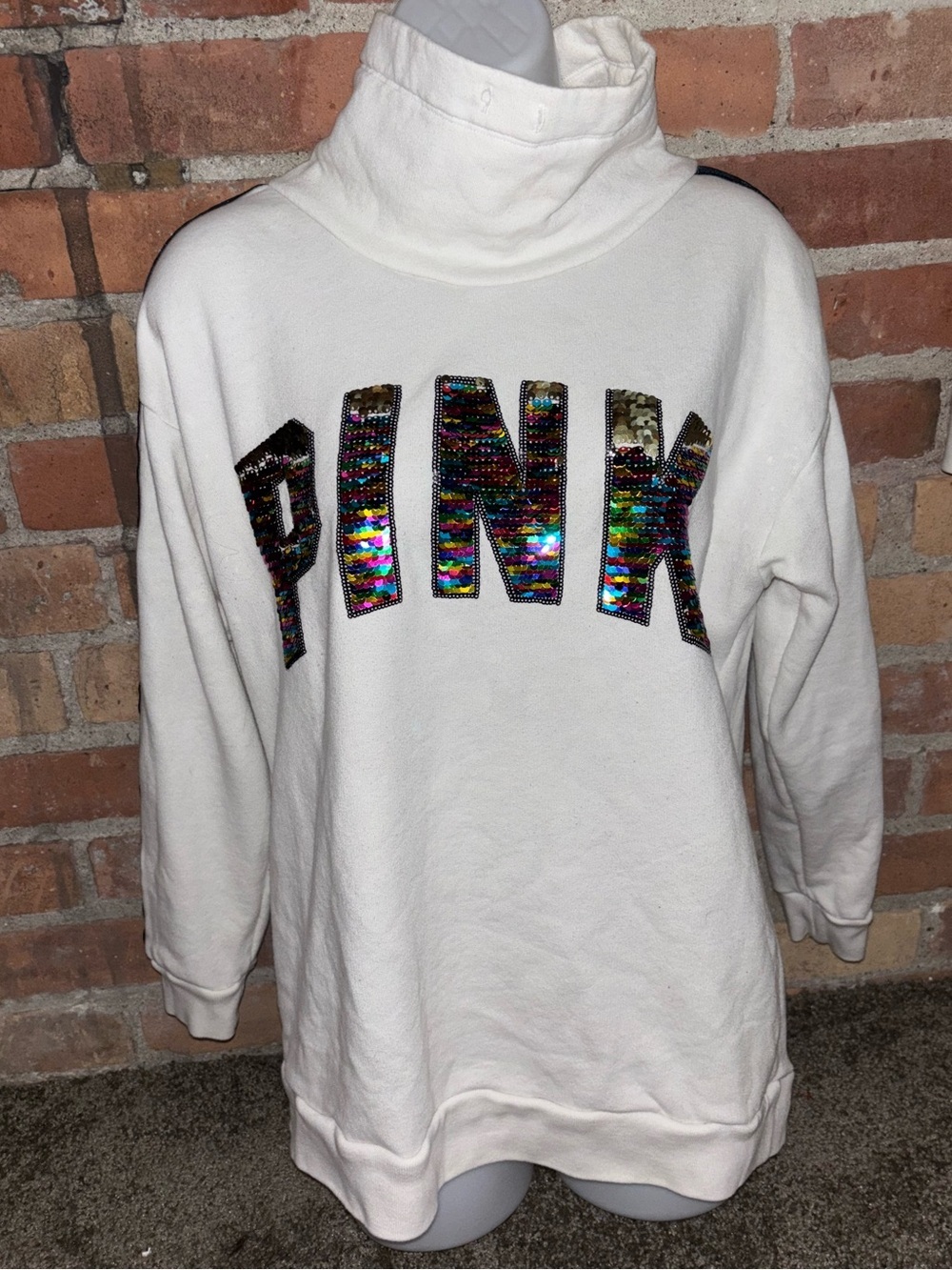 PINK Victoria’s Secret Rainbow Sequin White Cowl Turtleneck Sweatshirt Rare